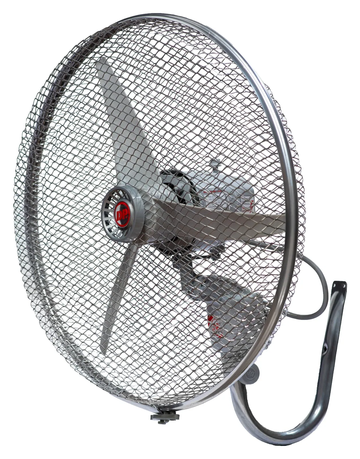 Ventilador de ménsula DIAZ PATRON M20 de 20 pulgadas, en tres cuartos, con soporte de pared curvo.