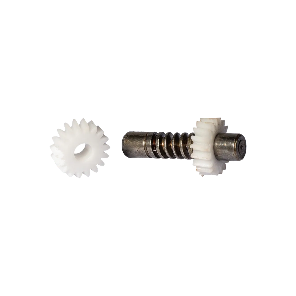 Engranaje y tornillo sinfín de nylon, repuestos de fabricación propia.